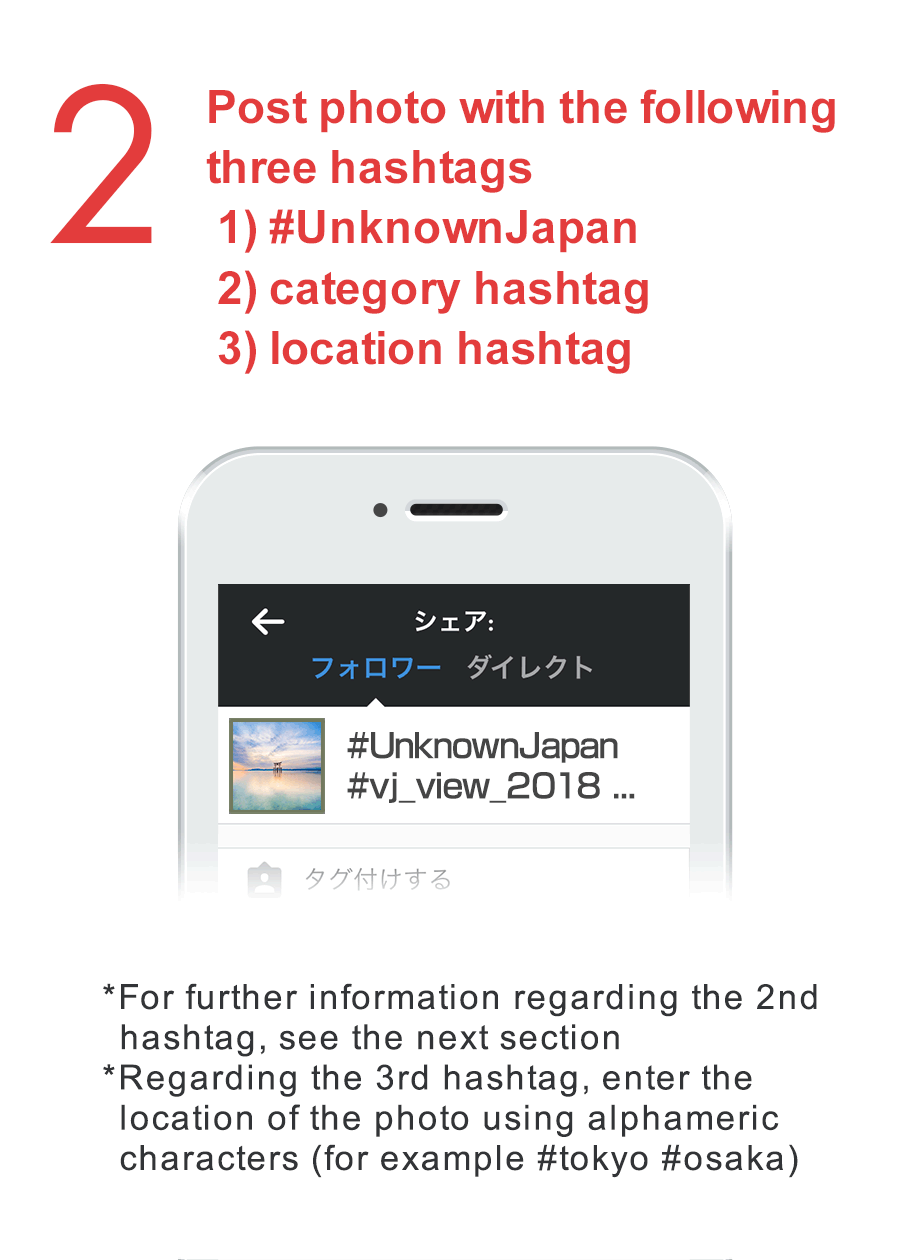 STEP 2 Post photo with the following three hashtags 1) #UnknownJapan 2) category hashtag 3) location hashtag